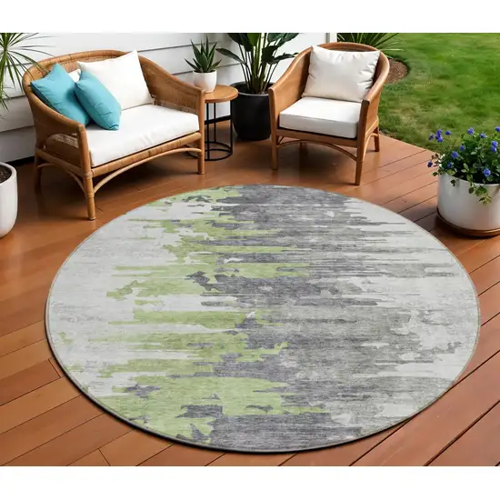8' Green And Silver Round Abstract Washable Indoor Outdoor Area Rug Photo 1