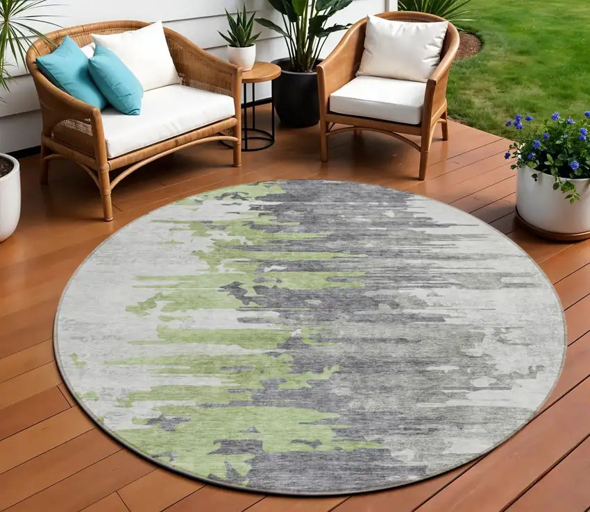8' Green And Silver Round Abstract Washable Indoor Outdoor Area Rug Photo 1
