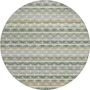Photo of 8' Green And Silver Round Damask Washable Indoor Outdoor Area Rug