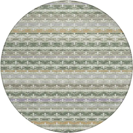 8' Green And Silver Round Damask Washable Indoor Outdoor Area Rug Photo 1