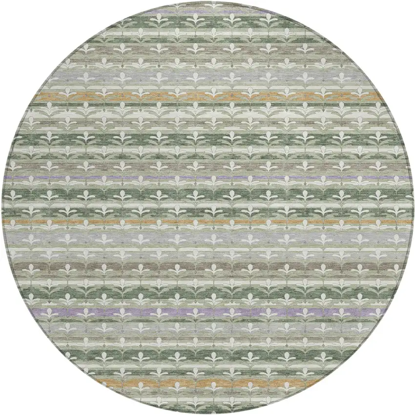 8' Green And Silver Round Damask Washable Indoor Outdoor Area Rug Photo 1