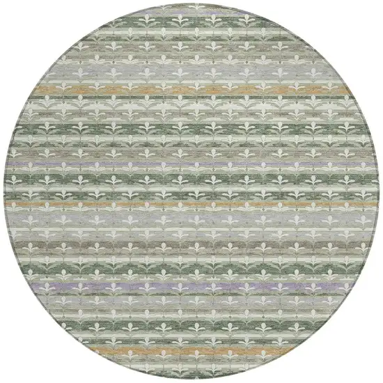 8' Green And Silver Round Damask Washable Indoor Outdoor Area Rug Photo 3