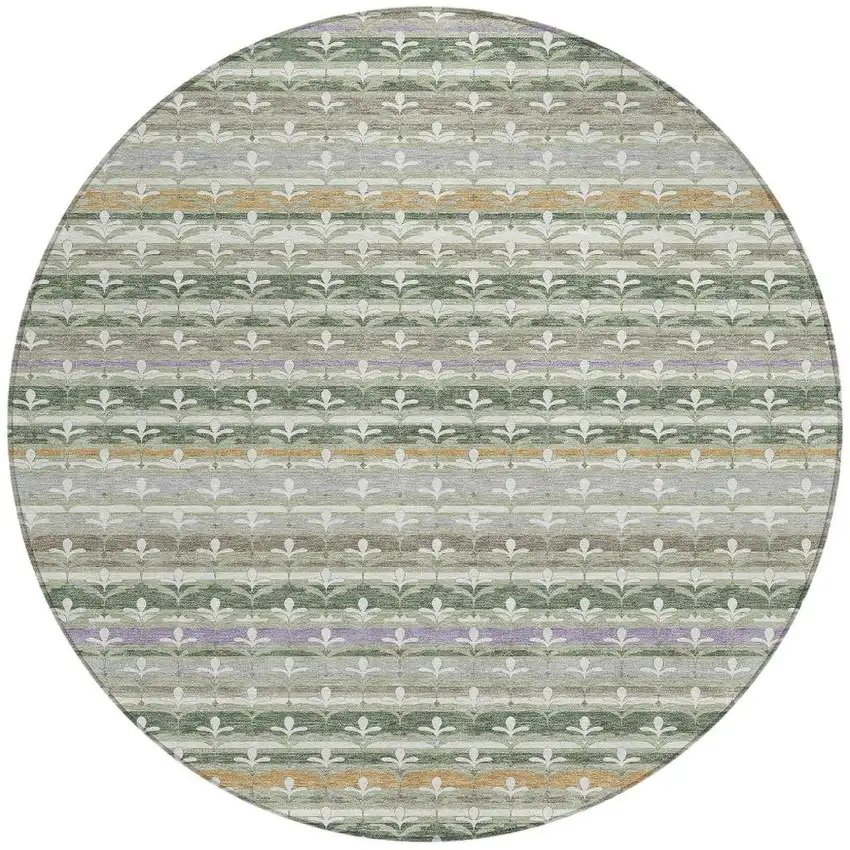 8' Green And Silver Round Damask Washable Indoor Outdoor Area Rug Photo 3