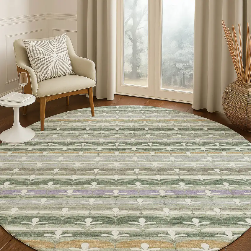 8' Green And Silver Round Damask Washable Indoor Outdoor Area Rug Photo 5