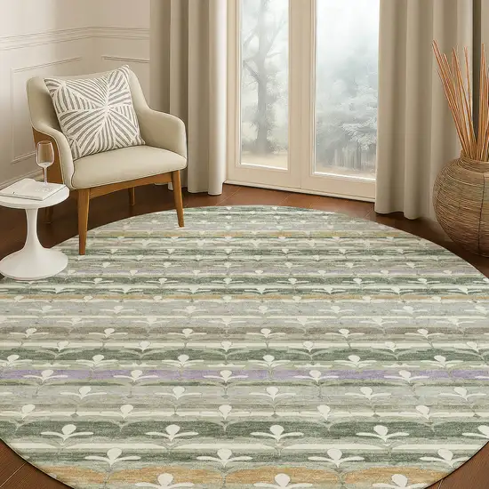 8' Green And Silver Round Damask Washable Indoor Outdoor Area Rug Photo 5