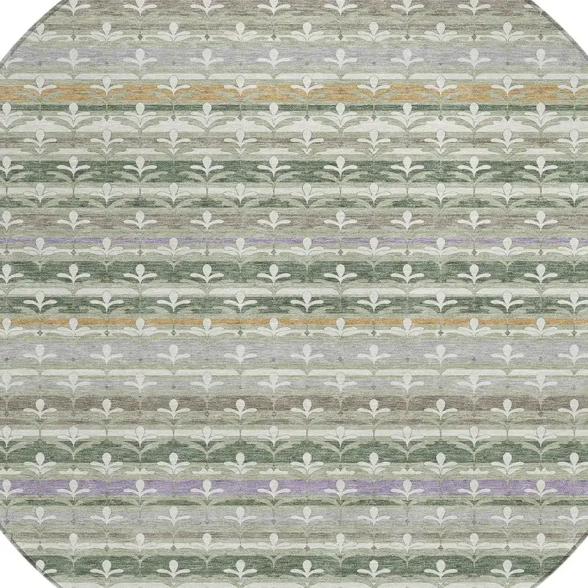 8' Green And Silver Round Damask Washable Indoor Outdoor Area Rug Photo 2