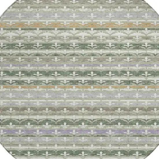 8' Green And Silver Round Damask Washable Indoor Outdoor Area Rug Photo 2