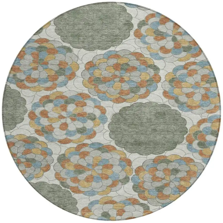 8' Green And Silver Round Floral Washable Indoor Outdoor Area Rug Photo 2