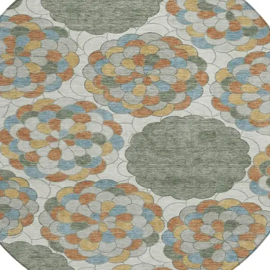 8' Green And Silver Round Floral Washable Indoor Outdoor Area Rug Photo 3