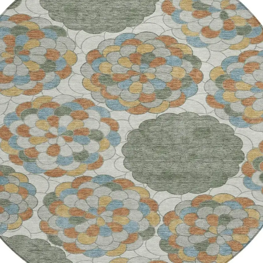 8' Green And Silver Round Floral Washable Indoor Outdoor Area Rug Photo 3