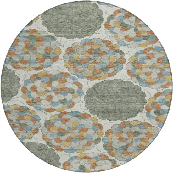 8' Green And Silver Round Floral Washable Indoor Outdoor Area Rug Photo 1
