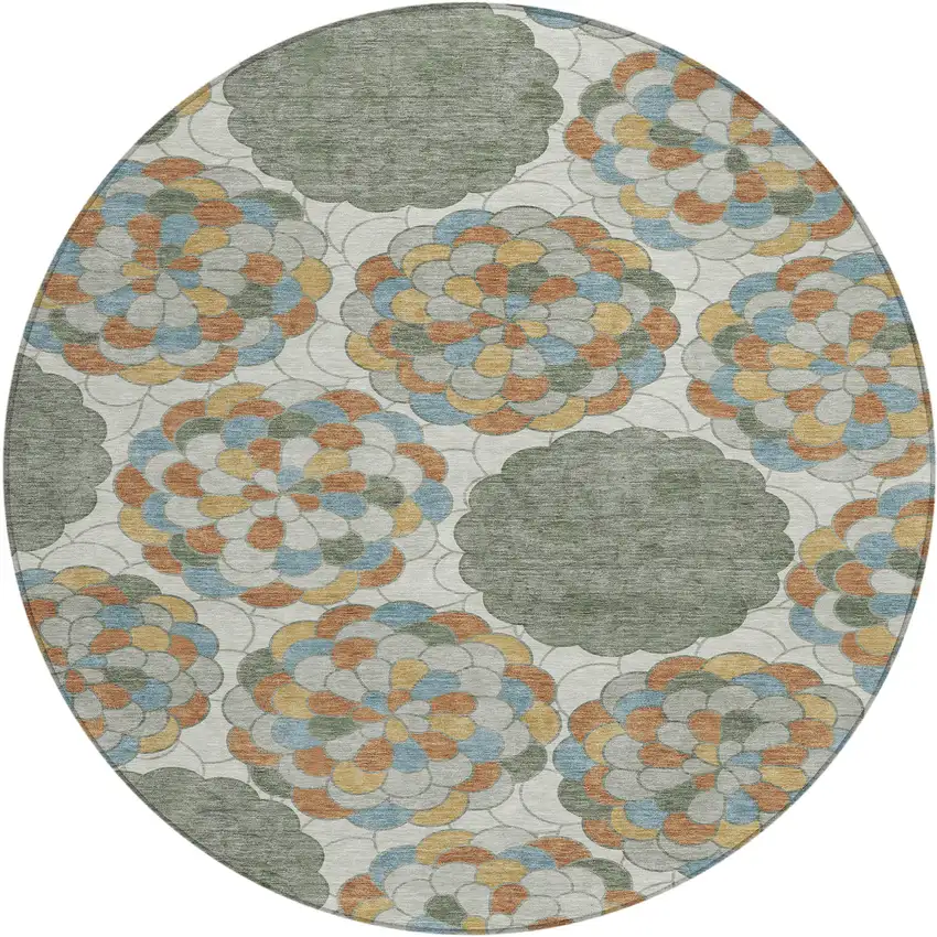 8' Green And Silver Round Floral Washable Indoor Outdoor Area Rug Photo 1