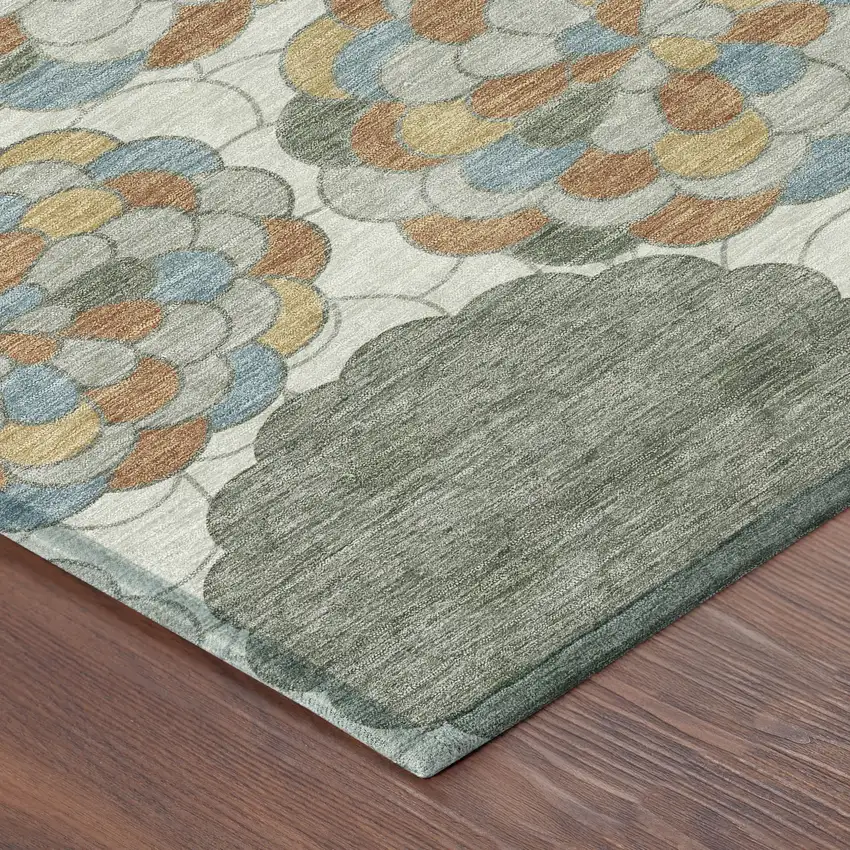 8' Green And Silver Round Floral Washable Indoor Outdoor Area Rug Photo 6