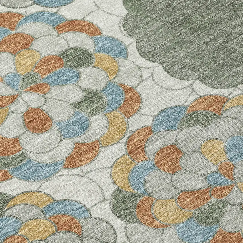 8' Green And Silver Round Floral Washable Indoor Outdoor Area Rug Photo 7