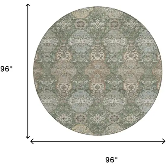 8' Green And Silver Round Floral Washable Indoor Outdoor Area Rug Photo 7