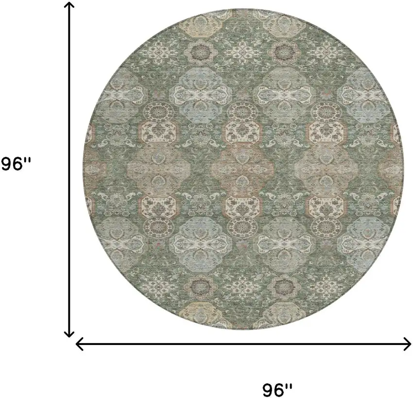 8' Green And Silver Round Floral Washable Indoor Outdoor Area Rug Photo 7
