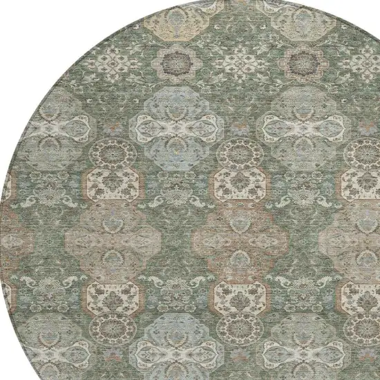 8' Green And Silver Round Floral Washable Indoor Outdoor Area Rug Photo 3