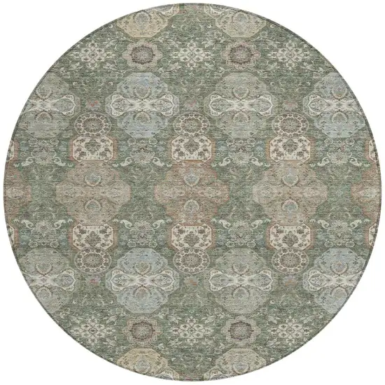 8' Green And Silver Round Floral Washable Indoor Outdoor Area Rug Photo 4