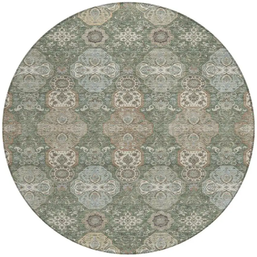 8' Green And Silver Round Floral Washable Indoor Outdoor Area Rug Photo 4