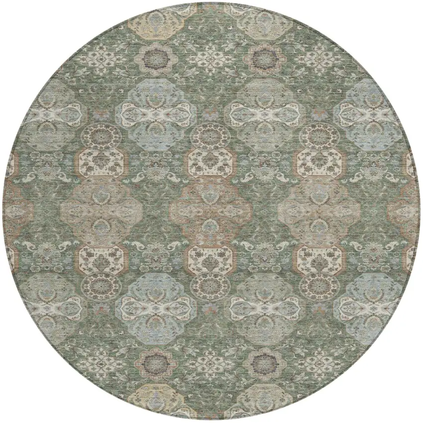 8' Green And Silver Round Floral Washable Indoor Outdoor Area Rug Photo 2