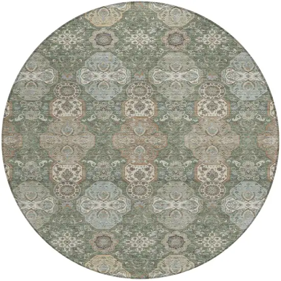 8' Green And Silver Round Floral Washable Indoor Outdoor Area Rug Photo 2