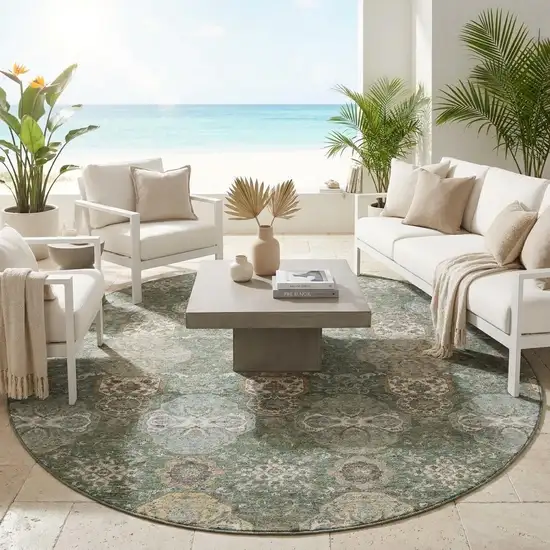 8' Green And Silver Round Floral Washable Indoor Outdoor Area Rug Photo 1