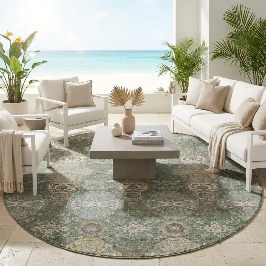 8' Green And Silver Round Floral Washable Indoor Outdoor Area Rug Photo 1