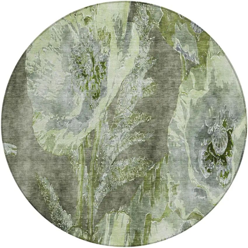8' Green And Silver Round Floral Washable Indoor Outdoor Area Rug Photo 2