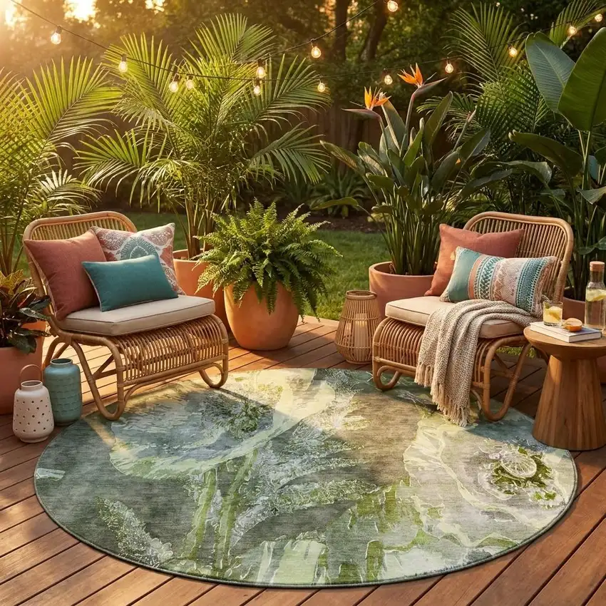 8' Green And Silver Round Floral Washable Indoor Outdoor Area Rug Photo 1