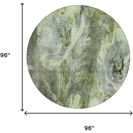 8' Green And Silver Round Floral Washable Indoor Outdoor Area Rug Photo 5