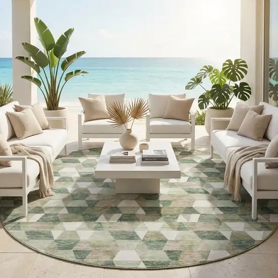 8' Green And Silver Round Geometric Washable Indoor Outdoor Area Rug Photo 1