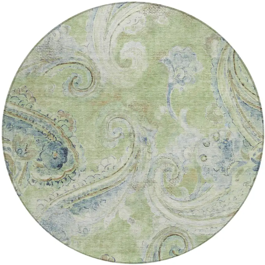 8' Green And Silver Round Paisley Washable Indoor Outdoor Area Rug Photo 2