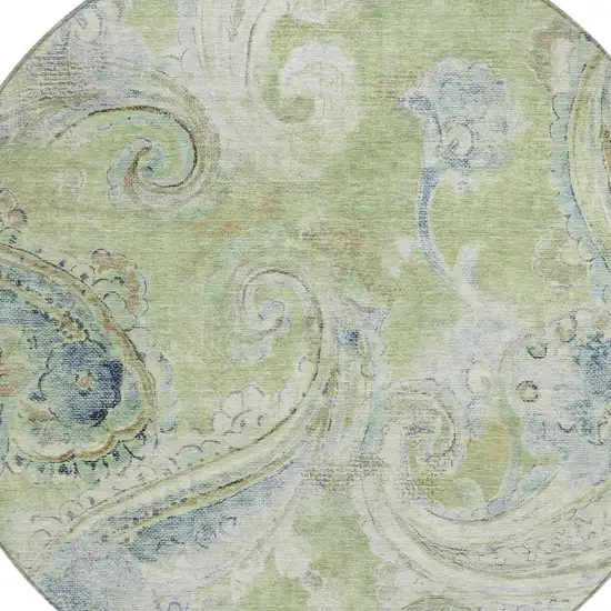 8' Green And Silver Round Paisley Washable Indoor Outdoor Area Rug Photo 4