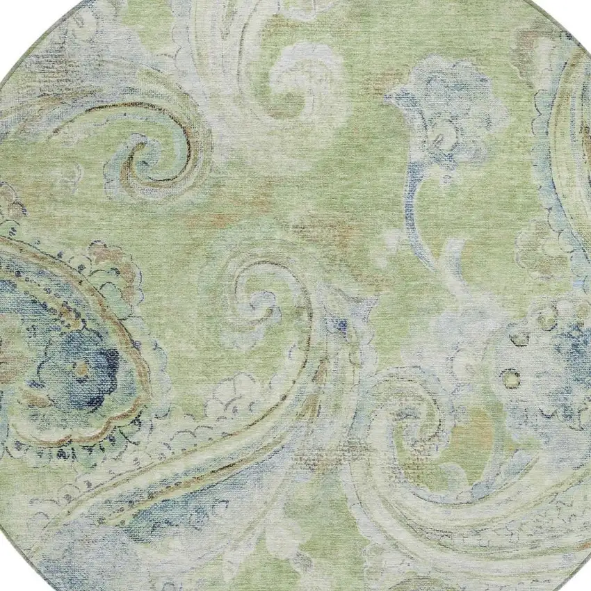 8' Green And Silver Round Paisley Washable Indoor Outdoor Area Rug Photo 4