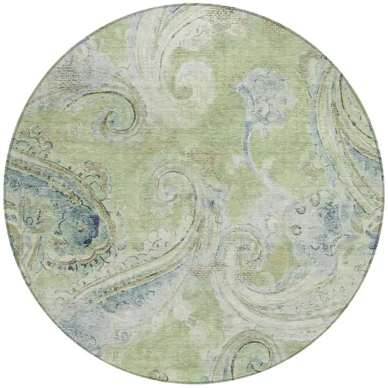 8' Green And Silver Round Paisley Washable Indoor Outdoor Area Rug Photo 3