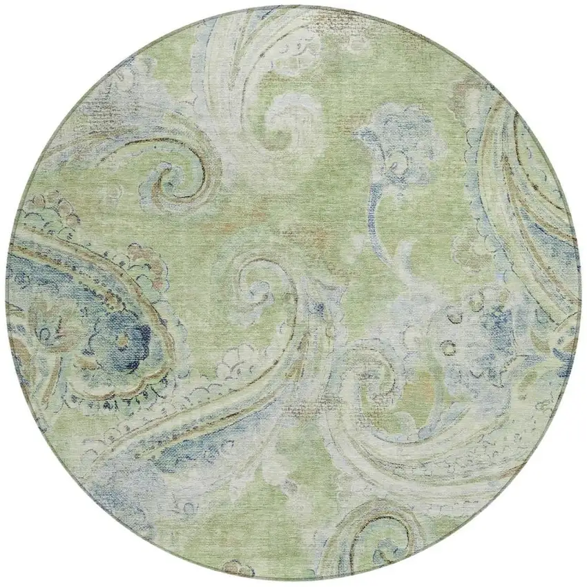 8' Green And Silver Round Paisley Washable Indoor Outdoor Area Rug Photo 3