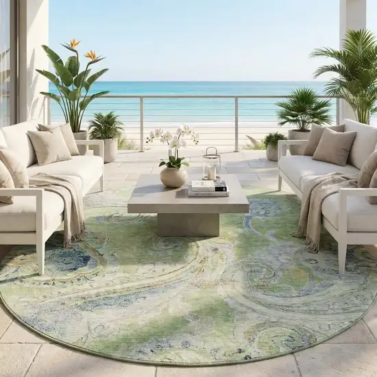 8' Green And Silver Round Paisley Washable Indoor Outdoor Area Rug Photo 1
