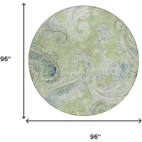 8' Green And Silver Round Paisley Washable Indoor Outdoor Area Rug Photo 7
