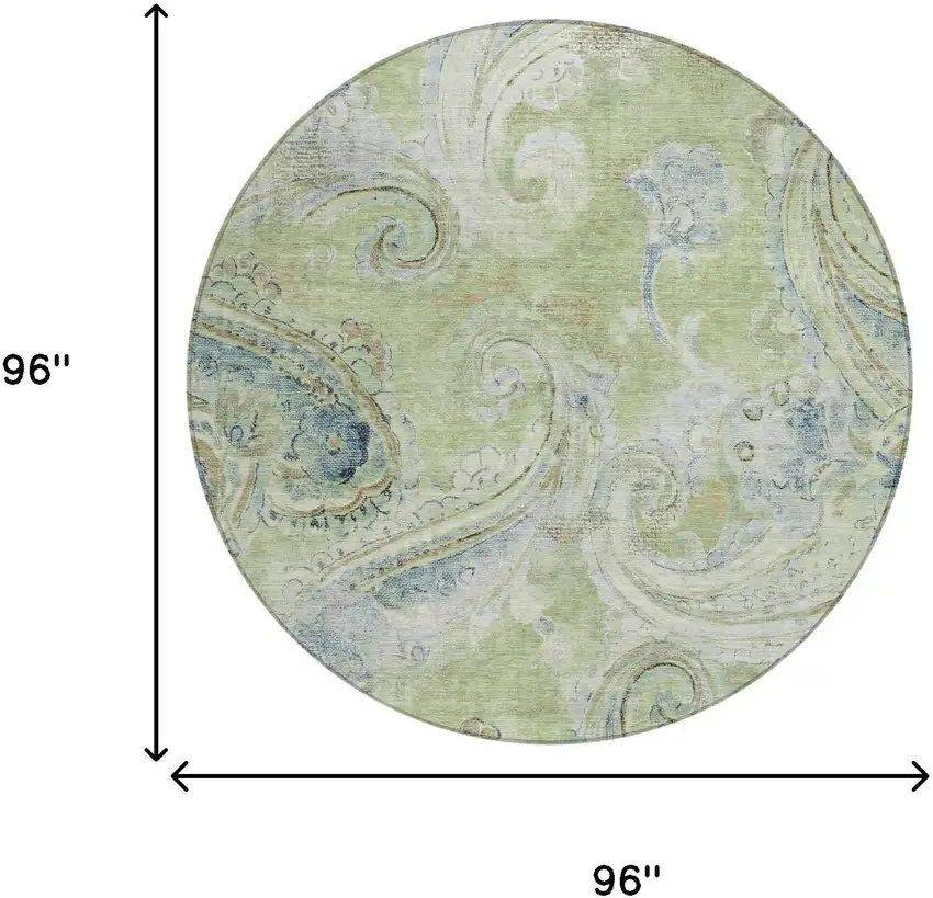 8' Green And Silver Round Paisley Washable Indoor Outdoor Area Rug Photo 7