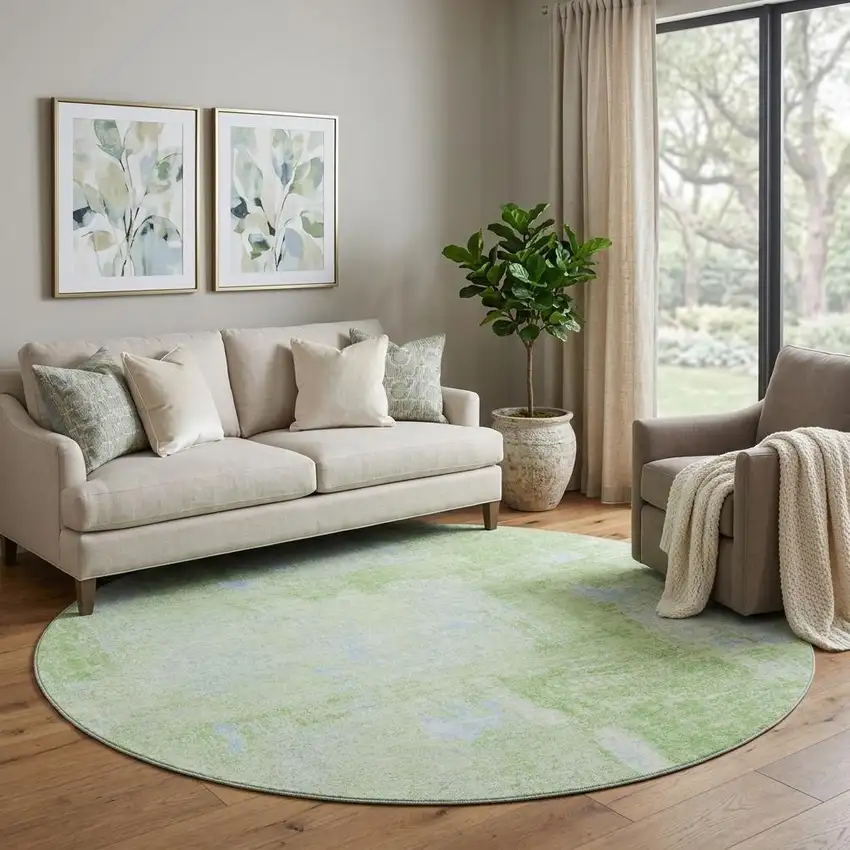 8' Green And Sky Blue Abstract Washable Round Rug With UV Protection Photo 1