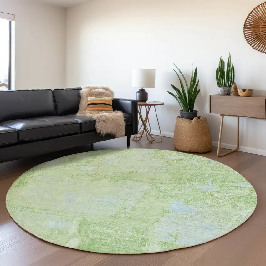 8' Green And Sky Blue Abstract Washable Round Rug With UV Protection Photo 4