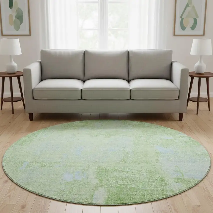 8' Green And Sky Blue Abstract Washable Round Rug With UV Protection Photo 2