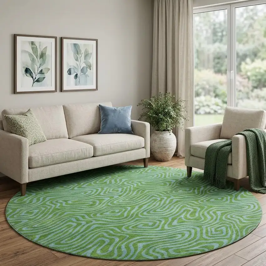 8' Green And Sky Blue Abstract Washable Round Rug With UV Protection Photo 1