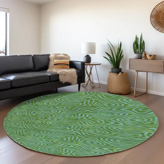 8' Green And Sky Blue Abstract Washable Round Rug With UV Protection Photo 4