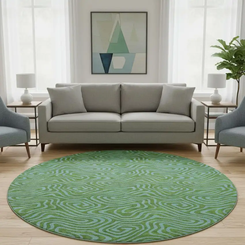 8' Green And Sky Blue Abstract Washable Round Rug With UV Protection Photo 2