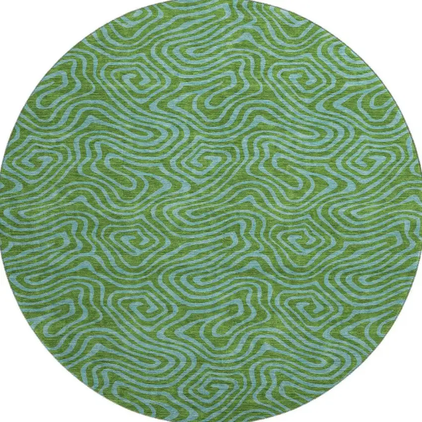 8' Green And Sky Blue Abstract Washable Round Rug With UV Protection Photo 2