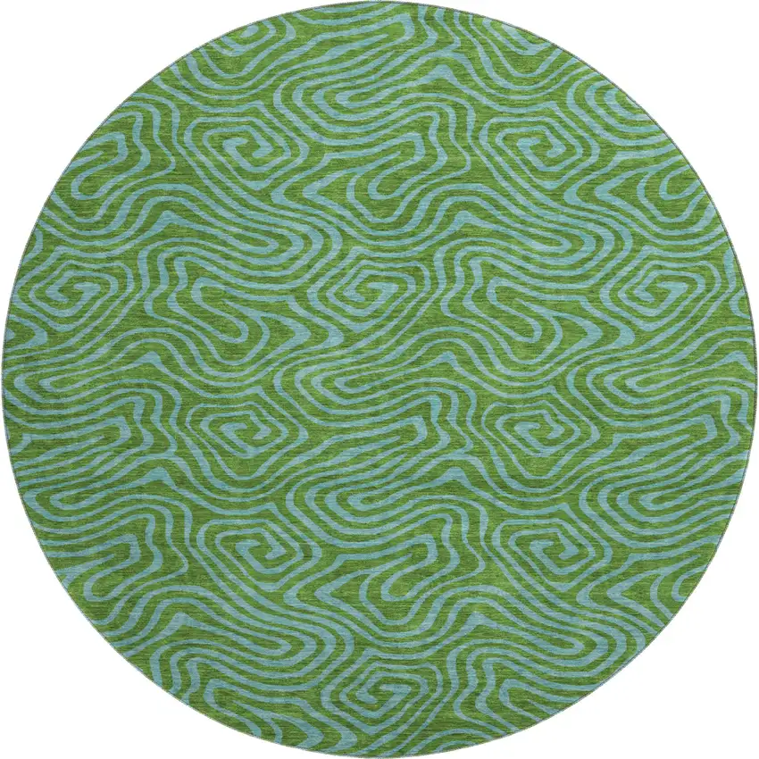 8' Green And Sky Blue Abstract Washable Round Rug With UV Protection Photo 1