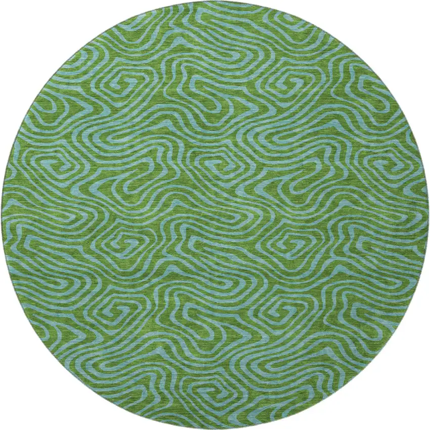 8' Green And Sky Blue Abstract Washable Round Rug With UV Protection Photo 3