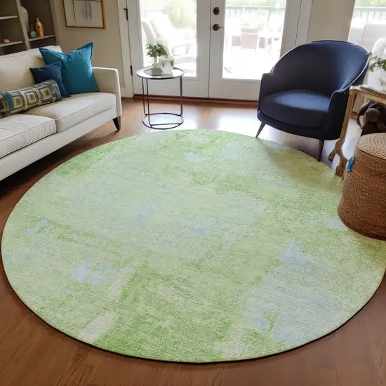 8' Green And Sky Blue Round Abstract Washable Indoor Outdoor Area Rug Photo 7
