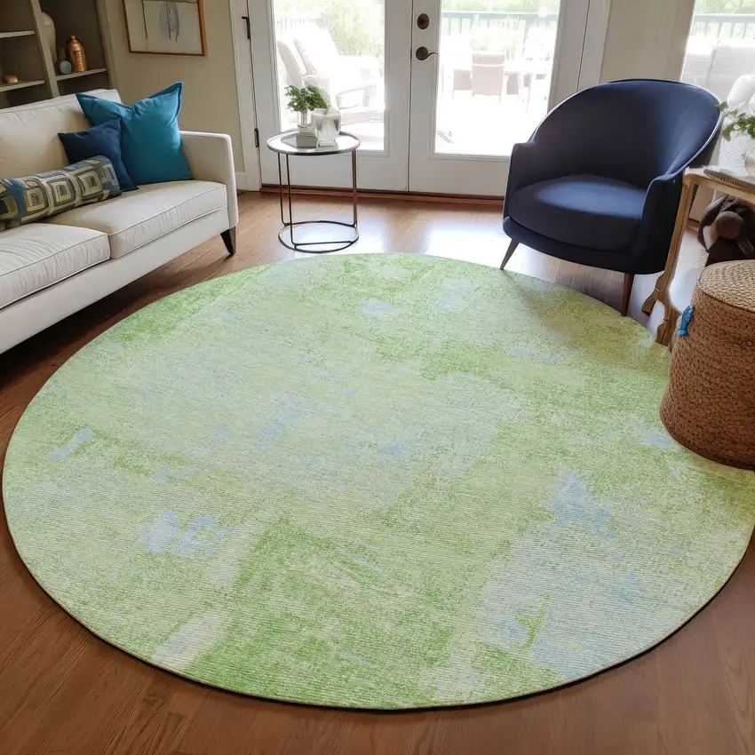 8' Green And Sky Blue Round Abstract Washable Indoor Outdoor Area Rug Photo 7